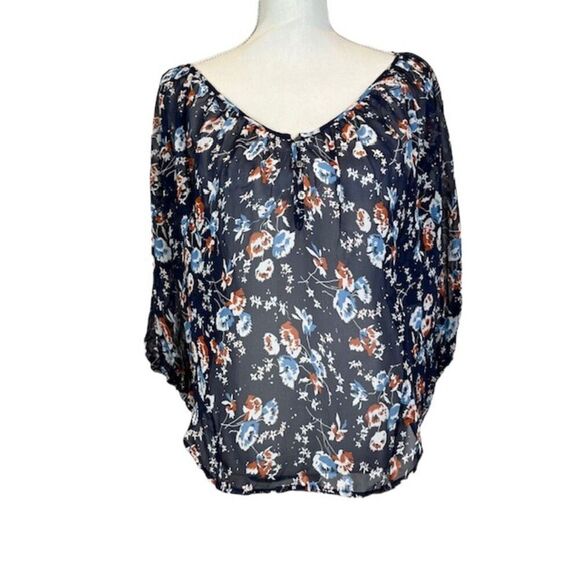 Joie Silk Floral Sheer Blouse Navy Blue Rust Button Front Wide Neck Oversized XS - Picture 1 of 10